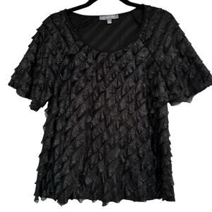 NY Collection Women XL Black Glitter Blouse Layered Flounce Whimsigoth Fairygoth